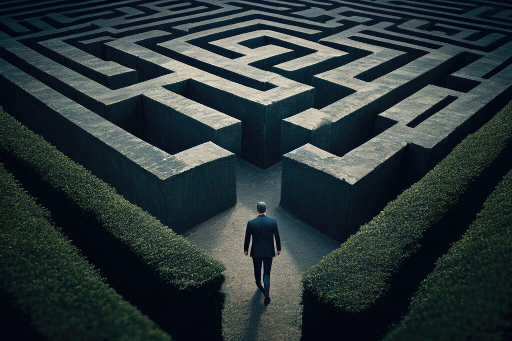 An image of a person entering a grey stone labyrinth which is surrounded by green hedged,